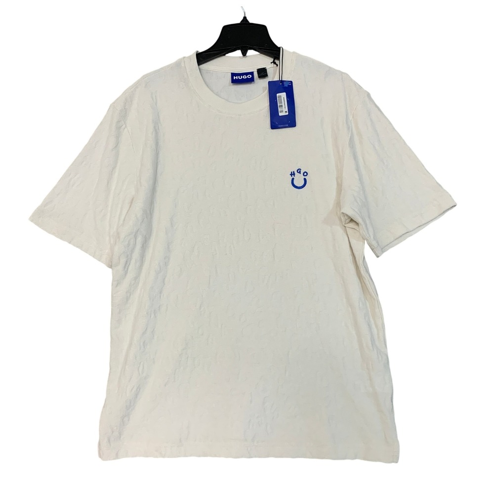 NWT HUGO T-Shirt Men's Large Beige 100% Cotton Textured Smiley Face Logo Tee